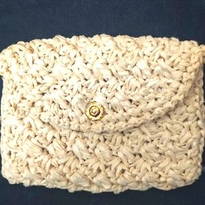 MCM Vintage Franklin Simon Woven Raffia Beige Crochet Clutch Purse Italy